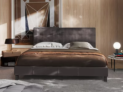 Modern Double Bed With Leather Headboard Wooden Wall Nightstand Table Lamp And White Pillows 3d model