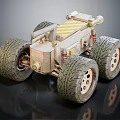 Toy Off Road Vehicle With Large Tires Yellow Striped Top Metal Body And Suspension Springs