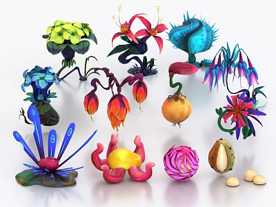Colorful Fantasy Plants With Various Shapes Flowers Fruits And Artistic Leaves Design 3d model