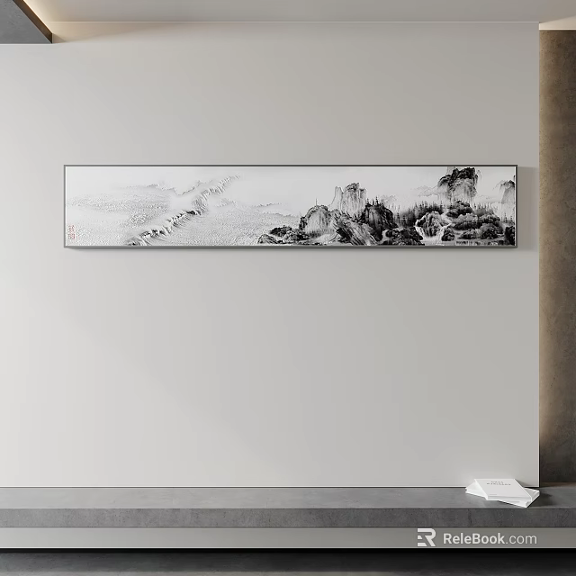 Traditional Chinese Black and White Mountain Water Landscape Painting Hanging on Modern Interior Wall 3d model 