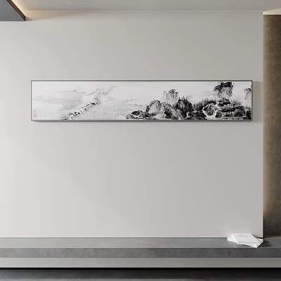 Traditional Chinese Black and White Mountain Water Landscape Painting Hanging on Modern Interior Wall 3d model