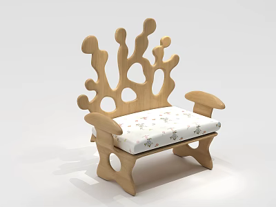 Abstract Shaped Sofa Featuring Wooden Structure Irregular Holes and Curved Design with Floral Cushion 3d model