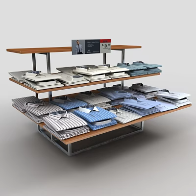 Retail Display Shelf With Folded Shirts And Price Sign For Clothing Store 3d model