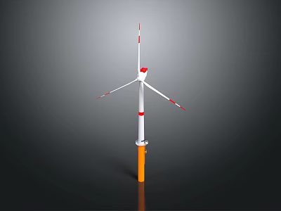 White Wind Turbine With Red Markings And Orange Base Structure On Dark Background 3d model