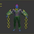 Shirtless Male Character With Grey And Yellow Mechanical Arms Yellow Chains And Dark Pants