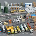 Building Components With Heavy Machinery Concrete Trucks Steel Frames Pipes And Construction Crane