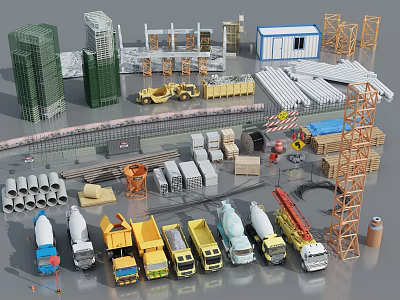 Building Components With Heavy Machinery Concrete Trucks Steel Frames Pipes And Construction Crane 3d model