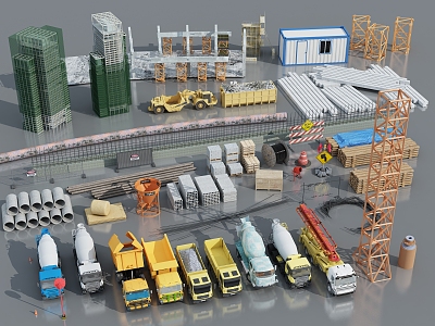 Modern construction facilities for migrant workers dormitory engineering truck brick cement mortar mixer pile driver sand gravel pile 3d model