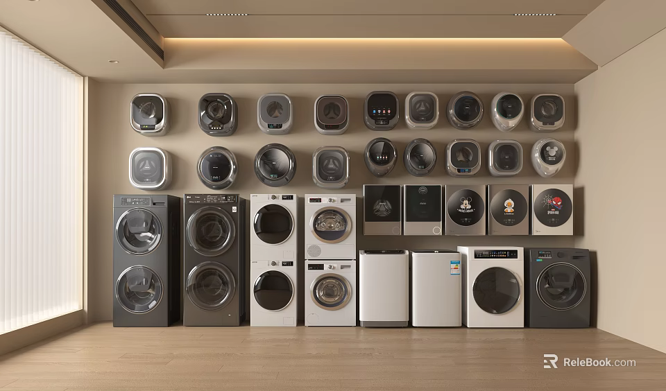 Various Washing Machine Models Wall Mounted And Floor Standing In Showroom 3d model
