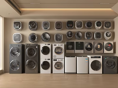 Various Washing Machine Models Wall Mounted And Floor Standing In Showroom 3d model