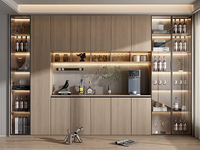 Modern Wooden Wine Cabinet With Glass Door Shelves Wine Bottles Glasses And LED Lighting 3d model