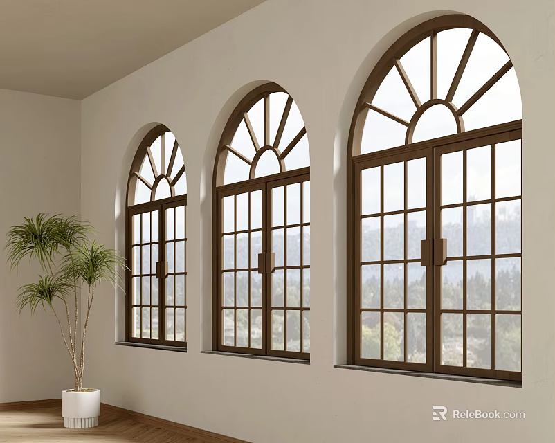 Three Arched Casement Windows With Dark Wooden Frames Bright Indoor Mountain Views and Plant 3d model 