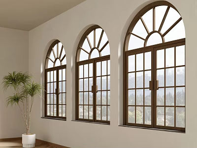 Three Arched Casement Windows With Dark Wooden Frames Bright Indoor Mountain Views and Plant 3d model