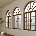 Three Arched Casement Windows With Dark Wooden Frames Bright Indoor Mountain Views and Plant