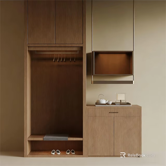 Modern Wooden Wardrobe Design With Open Hanging Space And Side Cabinet Tray Teapot 3d model 