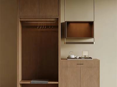 Modern Wooden Wardrobe Design With Open Hanging Space And Side Cabinet Tray Teapot 3d model