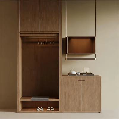 Modern Wooden Wardrobe Design With Open Hanging Space And Side Cabinet Tray Teapot 3d model