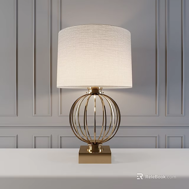 Elegant Modern Table Lamp With Fabric Shade And Brass Spherical Frame On Gray Panel Wall 3d model 