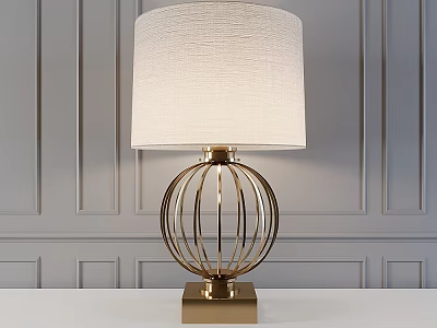 Elegant Modern Table Lamp With Fabric Shade And Brass Spherical Frame On Gray Panel Wall 3d model
