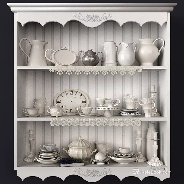 Elegant White Dinnerware Collection with Teapots Cups Plates Jars on Lace Trim Shelves 3d model 