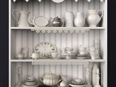 Elegant White Dinnerware Collection with Teapots Cups Plates Jars on Lace Trim Shelves 3d model