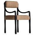 Brown Fabric Upholstered Dining Chair With Black Wooden Frame And Curved Armrests