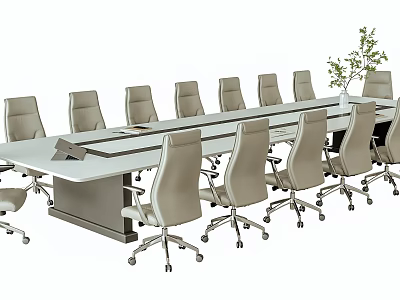 Modern Office Conference Table With Sleek Top Gray Leather Chairs And Potted Plant 3d model