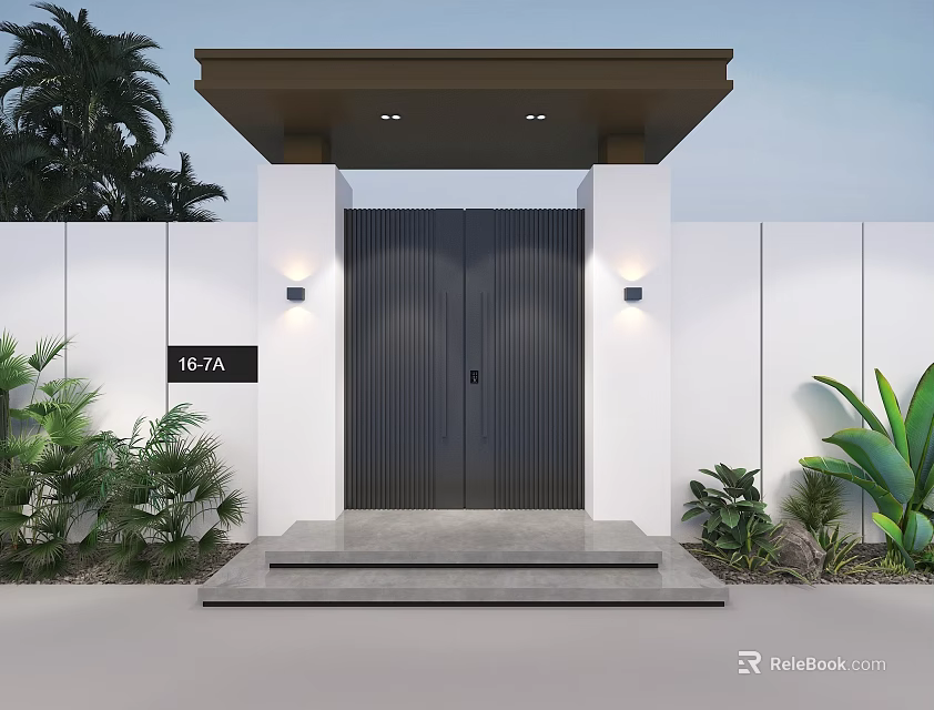 Modern Security Double Door With Wall Lights Green Plants White Walls And Number 107A 3d model 