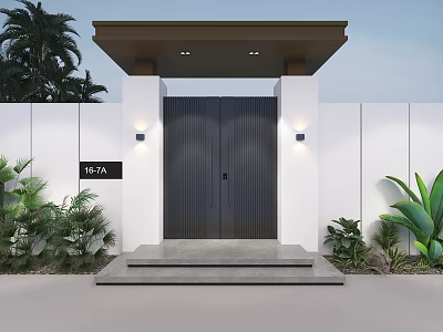 Modern Security Double Door With Wall Lights Green Plants White Walls And Number 107A 3d model