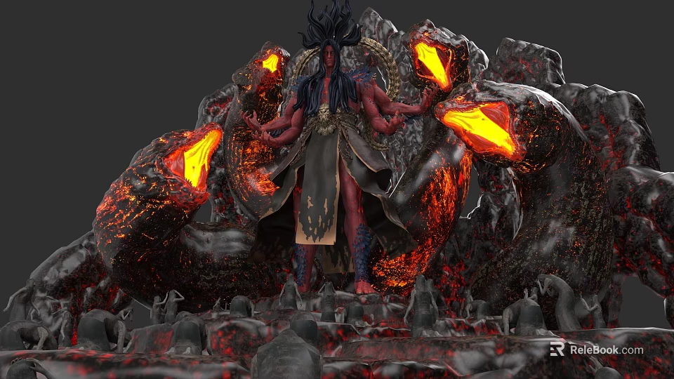 Fiery Demonic Game Movie Character With Glowing Lava Structures And Volcanic Terrain 3d model 