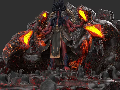 Fiery Demonic Game Movie Character With Glowing Lava Structures And Volcanic Terrain 3d model