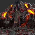 Fiery Demonic Game Movie Character With Glowing Lava Structures And Volcanic Terrain