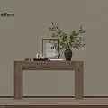 Modern Wooden Console Table with Green Plant Picture Frame and Decorative Items in Natural Home Entryway
