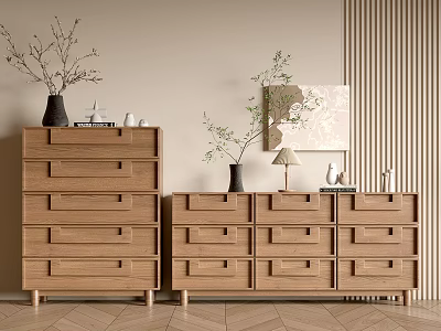 Wooden Entryway Cabinet And Sideboard With Modern Minimalist Design Decorative Vases Green Plants Textured Wall 3d model