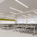Modern School Classroom Interior With Rows Of Tables And Chairs Large Windows Ceiling Lights