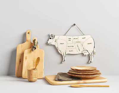 Wooden Kitchen Tableware Set Including Cutting Boards Plates Spoon Cup And Tray 3d model