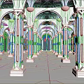 Symmetrical White Columns And Arches In Indoor Architectural Space With Smooth Floor And Blue Doors