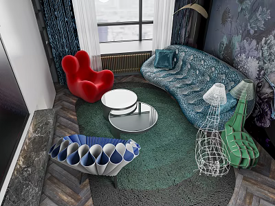 Curved Blue Sofa And Round Coffee Table Set With Red Chair Green Rug City View Window And Floral Wallpaper 3d model