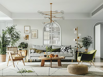 Contemporary Living Room Interior With Comfortable Sofa Wooden Coffee Table And Spherical Chandelier Green Plants 3d model