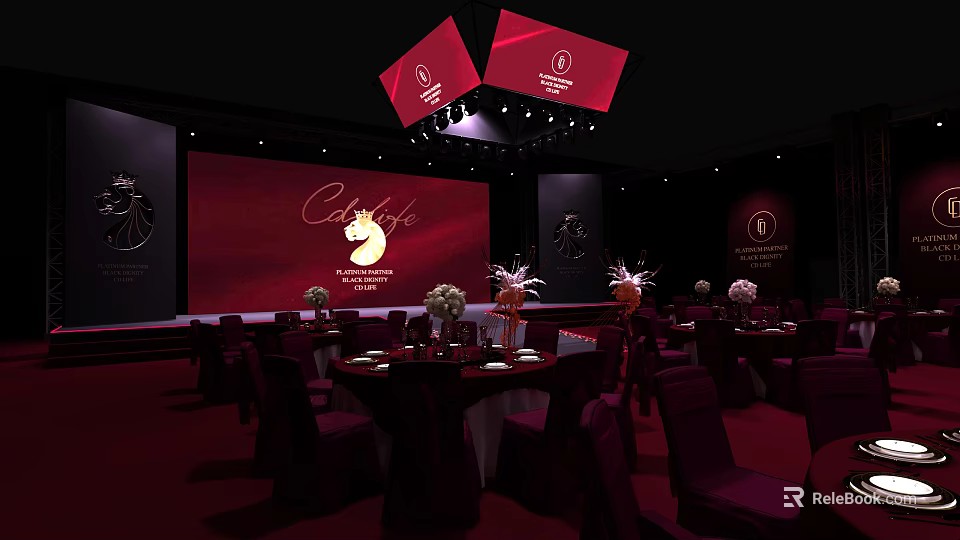 Elegant Event Venue Setup With Red Stage Backdrop Cafe Logo And Dining Tables 3d model 