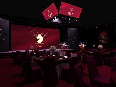 Elegant Event Venue Setup With Red Stage Backdrop Cafe Logo And Dining Tables 3d model
