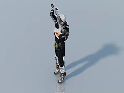 Smart Machine in Mechanical Exoskeleton Standing with Raised Right Hand on Reflective Floor and Shadow 3d model