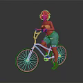 Red Haired Girl Riding Light Blue Bicycle Wearing Yellow Top And Blue Ripped Shorts