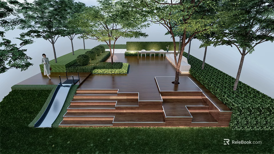 Modern Outdoor Landscape Design With Wooden Deck Steps Greenery Trees And Slide 3d model 