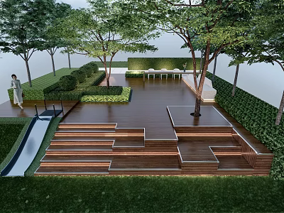 Modern Outdoor Landscape Design With Wooden Deck Steps Greenery Trees And Slide 3d model