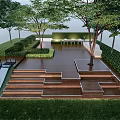 Modern Outdoor Landscape Design With Wooden Deck Steps Greenery Trees And Slide