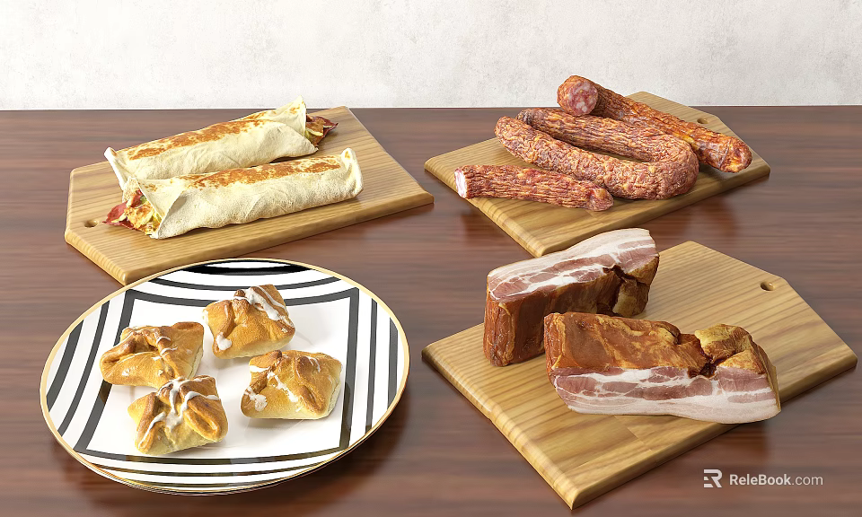 Assorted Burritos Sausages Bacon And Pastries On Wooden Boards And Plate 3d model 