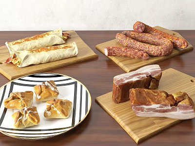 Assorted Burritos Sausages Bacon And Pastries On Wooden Boards And Plate 3d model