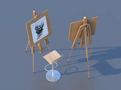 Two Wooden Easels With Drawing Boards Black And White Portrait And Metal Base Stool 3d model