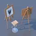 Two Wooden Easels With Drawing Boards Black And White Portrait And Metal Base Stool